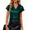 Summer New V-Neck Chiffon Pleated Loose Short-Sleeve T-Shirt for Women, Casual Solid Color Top