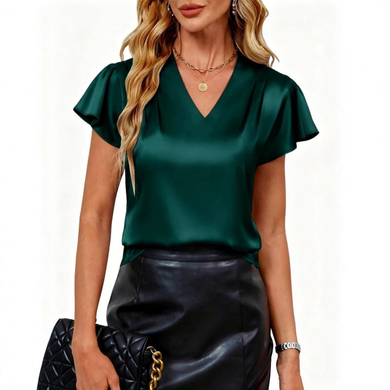Summer New V-Neck Chiffon Pleated Loose Short-Sleeve T-Shirt for Women, Casual Solid Color Top