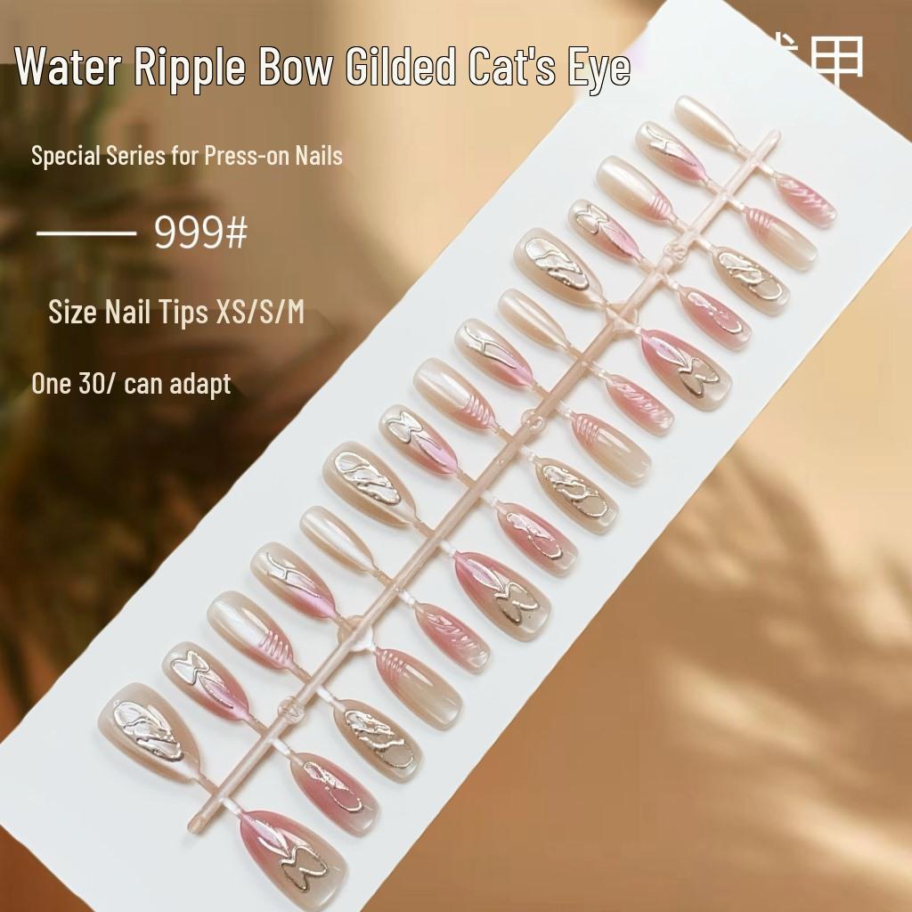 

Light Luxury Water Ripple Bow Cat Eye False Nails - Gentle Wearable Nail Art