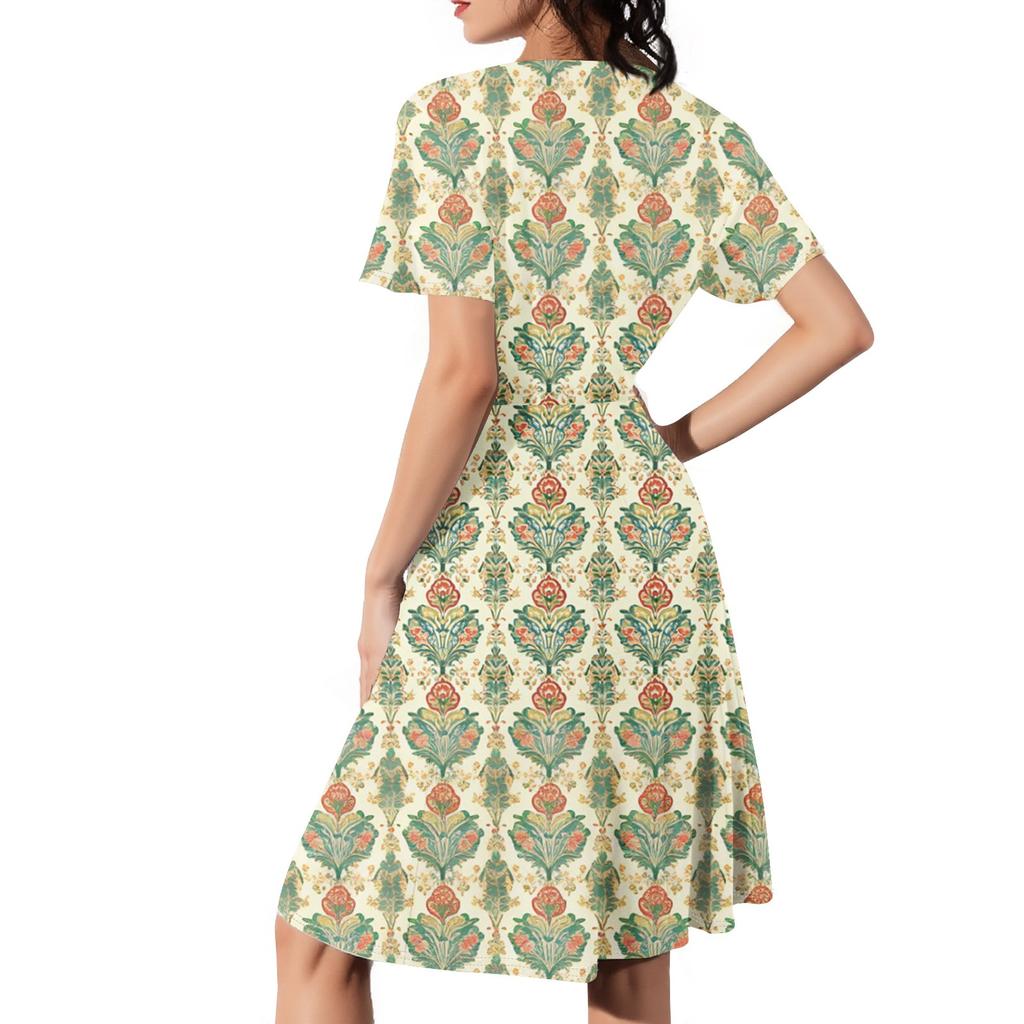 Ladies Casual Fashion V-Neck Short Sleeve Printed Dress