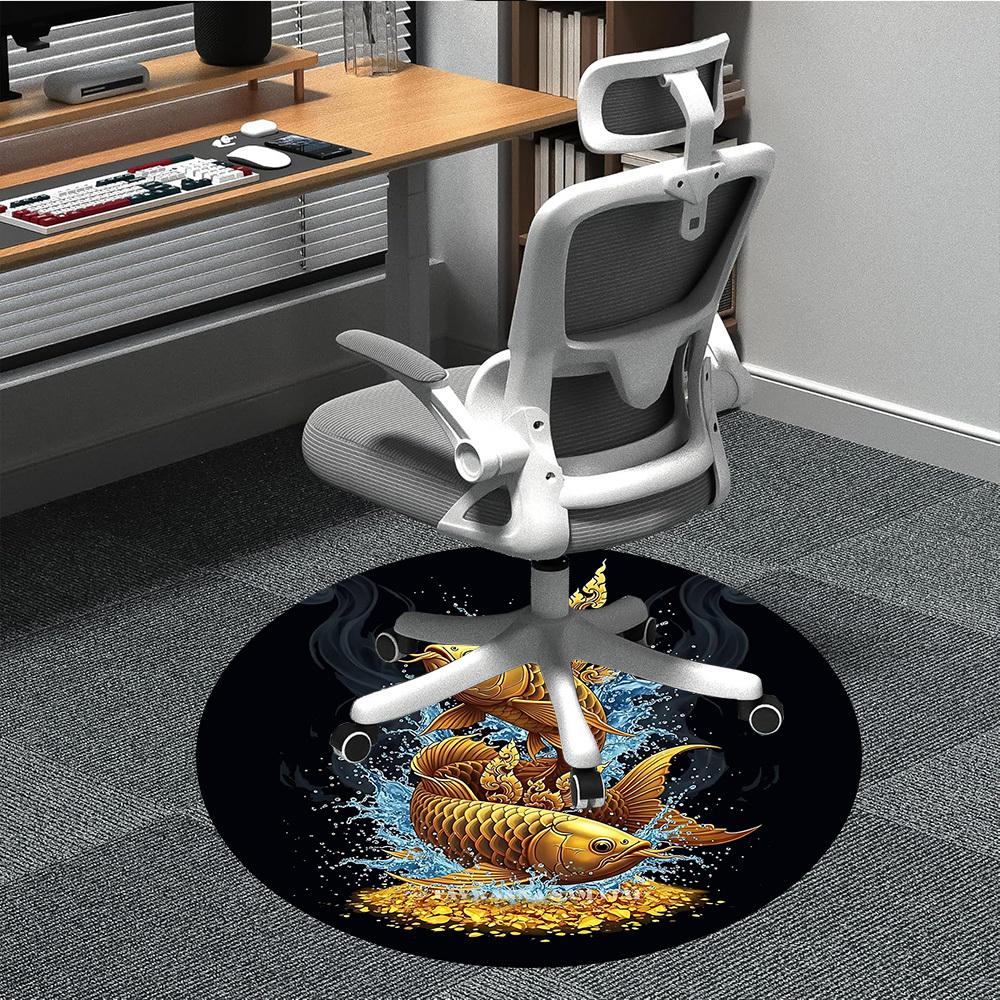 1pc Golden Fishes Splash Office Round Area Rug, Under Office Chairs Bedroom Living Room Home Decor, Room Deco, Available in Various Sizes