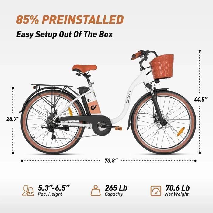 Vélo Électrique - DYU C6 Pro - Moteur 500W - Batterie 36V 15.6Ah - Autonomie 72 Km - Pouces 26'' - Blanc