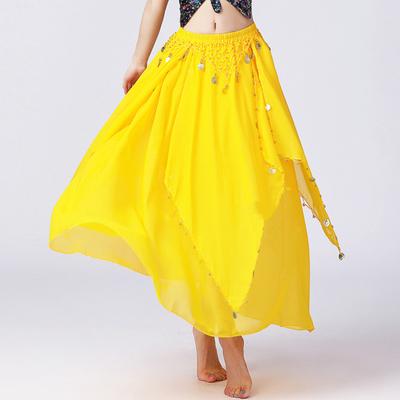 Women Chiffon Skirt Multi-Layered Mesh Sequins Decor Folk Dance Skirt Elastic Waist Large Hem Stage Performance Skirt