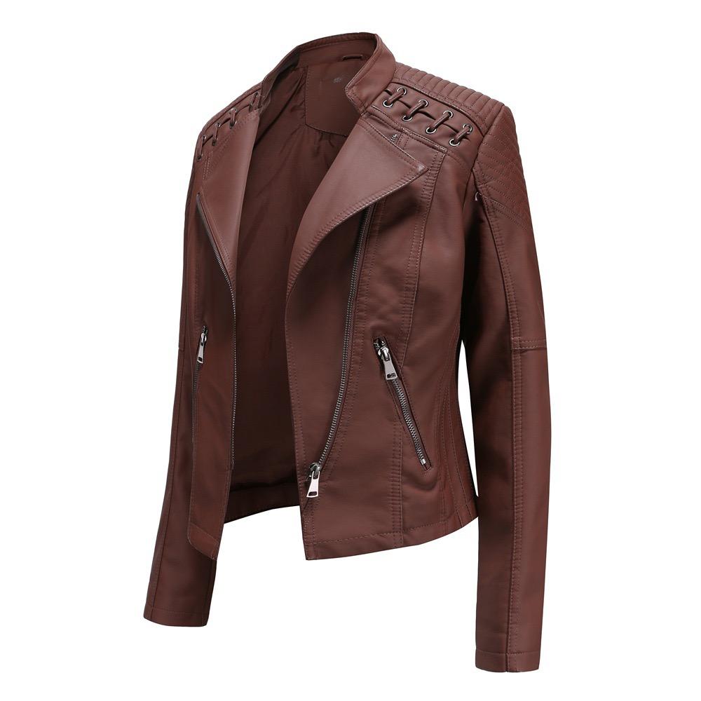 VAYLA Women Fashion Lace-up Leather Jacket Slim Fit Spring Autumn Motorcycle Jacket Zipper Jacket