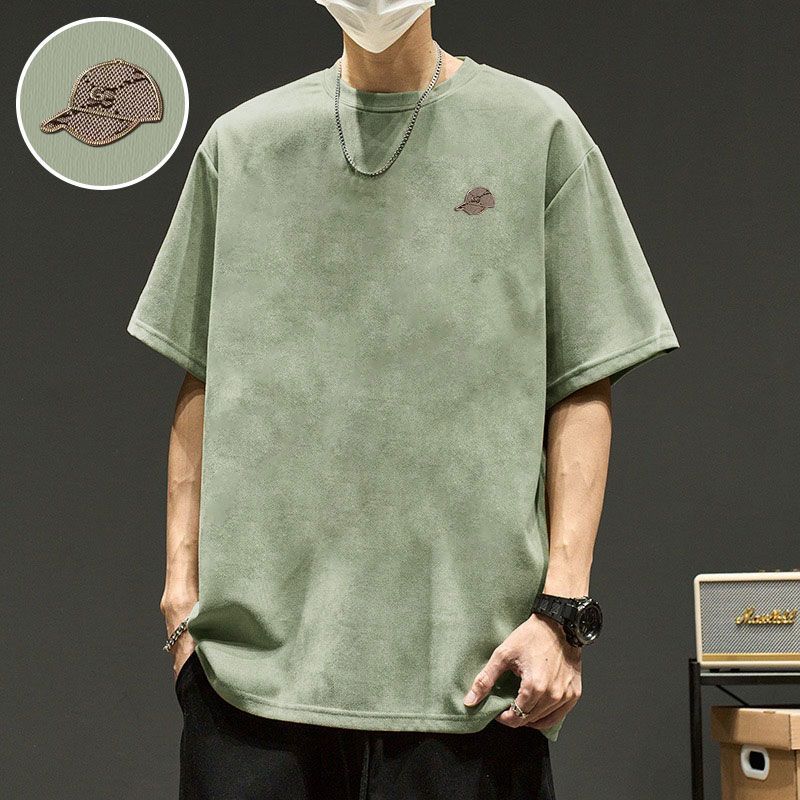 

Американская модная замшевая футболка с короткими рукавами, мужская свободная футболка большого размера, весенне-летняя футболка с половиной рукавов и круглым вырезом L