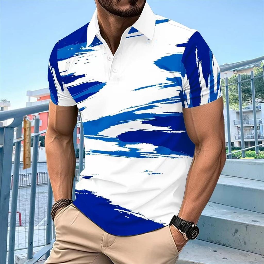Casual Essential: Geometric Print Short Sleeve Polo Shirt for Men