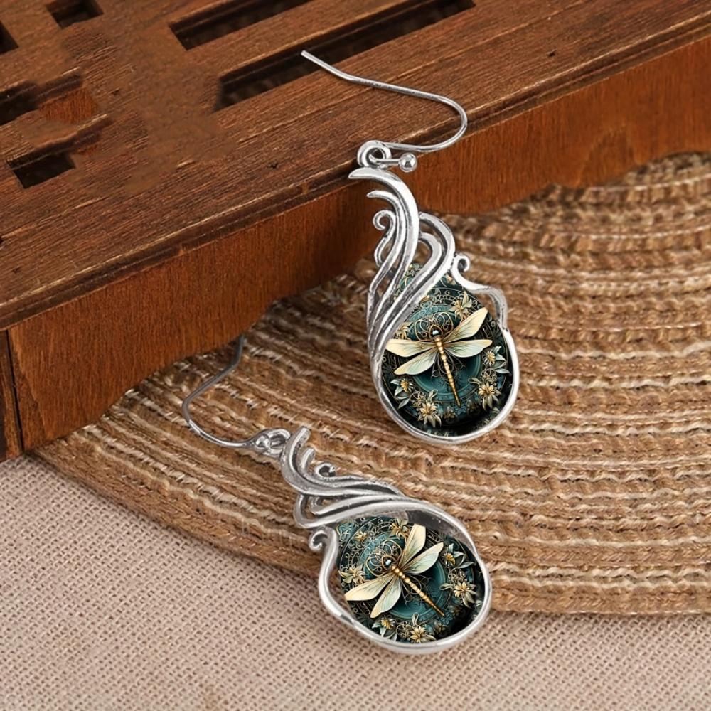 Elegant Boho Animal Female Green Stone Dragonfly Hoop Earrings Trendy Fashion Silver Color Wedding Jewelry For Women