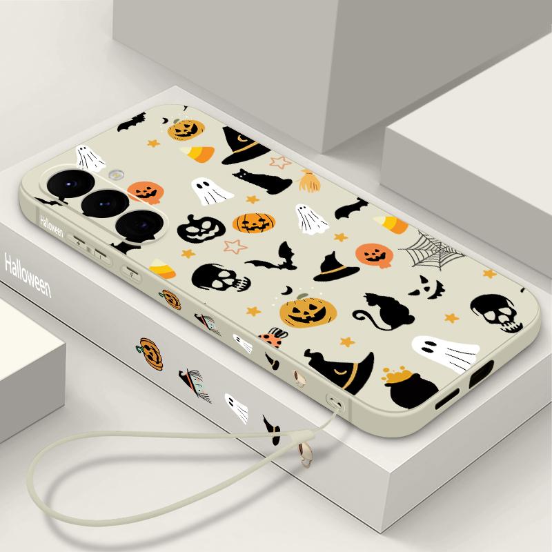 Ghost Pumpkin Pattern Phone Case For Samsung Galaxy A55 A54 5G A56 S25 A53 A52 A14 A34 A15 A35 S23 S24 Ultra S20 FE S21 S22 Soft TPU Lanyard Cover