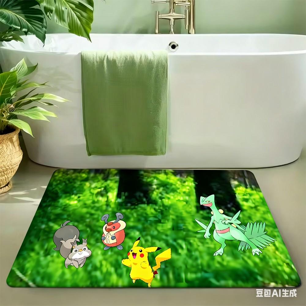 Pokemon Sceptile Pikachu Skitty Kricketot Forest Adventure Non-Slip Rubber Base Washable Cloth Surface Floor Mat 40cm x 60cm