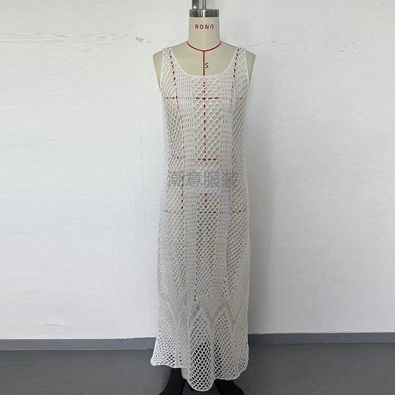 European & American Fashion Vacation Dress: Sexy U-neck, Solid Color, Spaghetti Strap, Cutout Long Beach Dress with Sun Protection