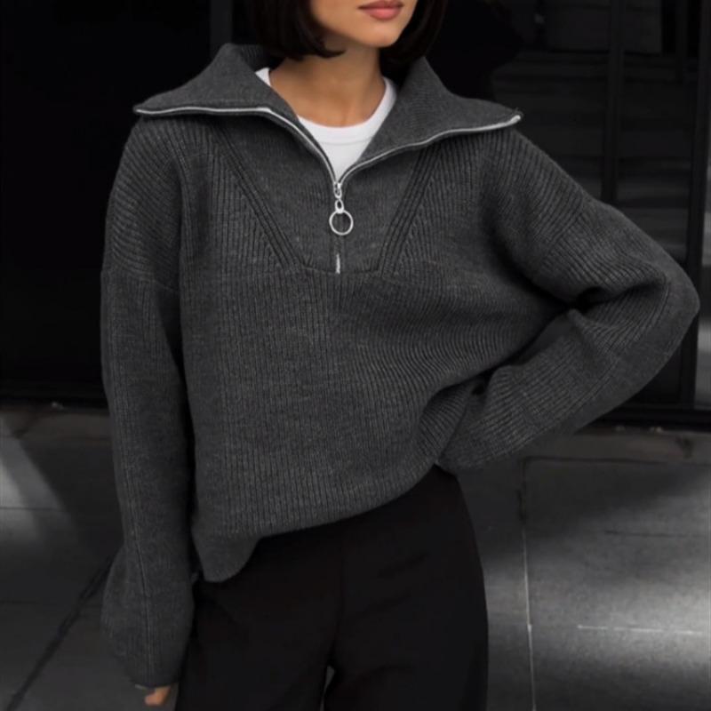 New Retro Long-sleeved Top Loose Design Lapel Zipper Pullover Knitted Sweater