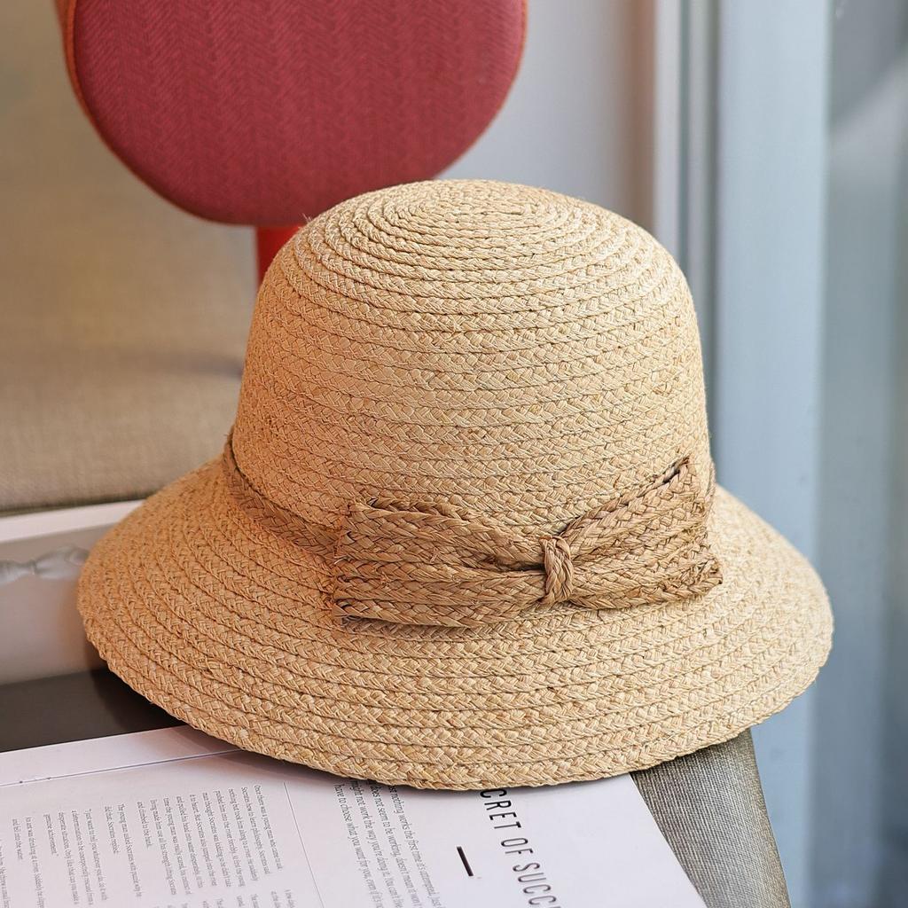 Lafite Grass Model~ Sweet Contrasting Color Bow Versatile Straw Hat Summer Travel Sun Protection Fisherman Basin Hat