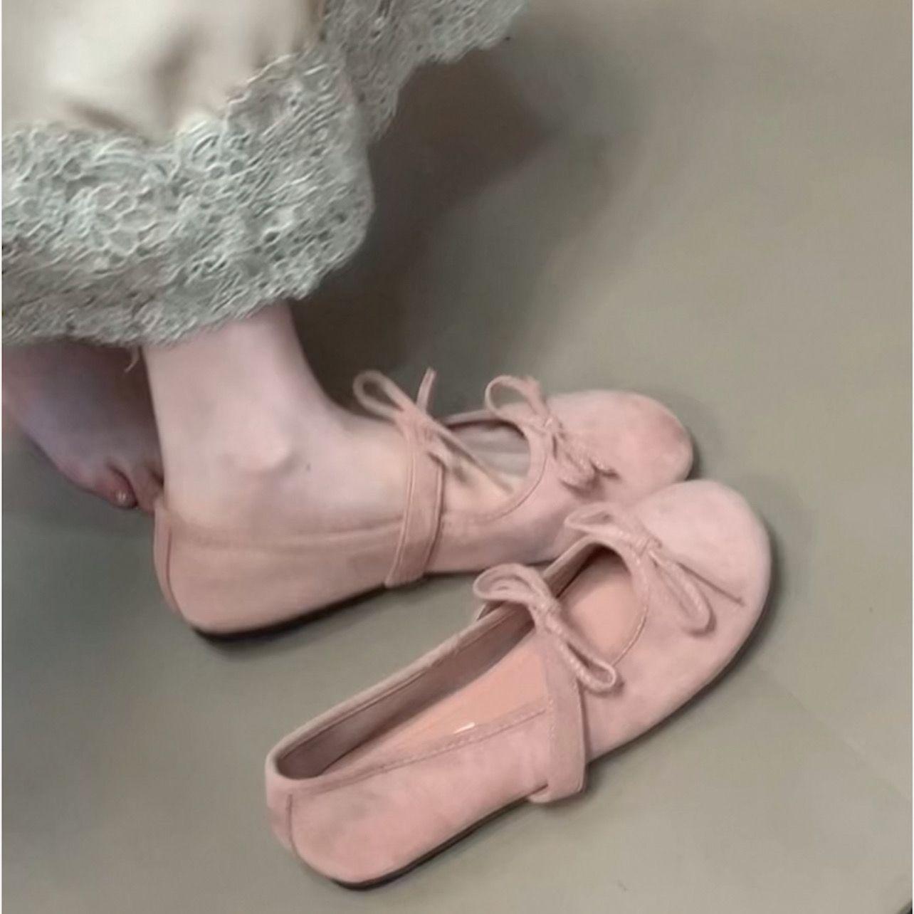

One-word Mary Jane shoes Spring and Autumn new bow suede comfortable soft sole not tired feet single shoes 40 рожевий