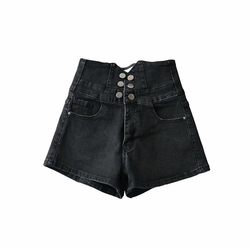 

Fashion Style New Summer New Arrival Women s Double Breasted Back Cross Cut Out Stretch High Waist Denim Shorts 2 Colors Black XL
