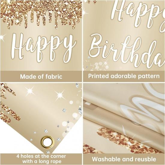 Gold White Happy Birthday Banner Decorations for Women Girls, Gold Glitter Happy Birthday Backdrop Party Supplies, 16th 18th 21st 30th 40th 50th 60th