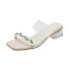 Cool slippers women's outer wear 2025 summer new thick heel rhinestone fairy wind with skirt crystal transparent middle heel slippers