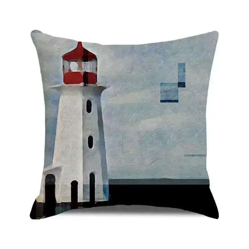 Watercolor Painting Nautical Lighthouse Ocean Seagull Boat Home Sofa Cushion Cover Home Decor Pillowcase