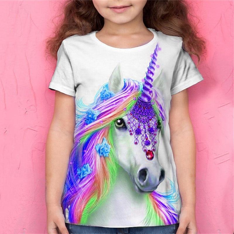 Mädchen T-Shirt mit 3D-Tier Einhorn Kurzarm 3D-Druck Sommer Frühling Aktiv Mode Niedlich Kinder 3-12 Jahre Outdoor Täglich Normale Passform