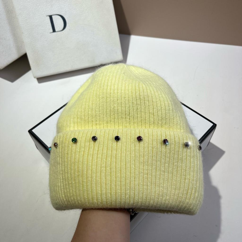 Russian Winter Warm Rabbit Hair Knitted Hat Celebrity Light Luxury Small Diamond Double Fold Wool Hat Women'S Outdoor Windproof
