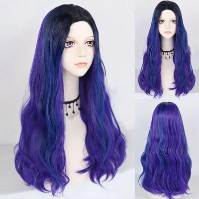 Peruka księżniczki 24 cale dla kobiet długa falowana 2 odcienie niebiesko-fioletowa Evie Cosplay peruka na Halloween Boże Narodzenie szkoła Święto Dziękczynienia