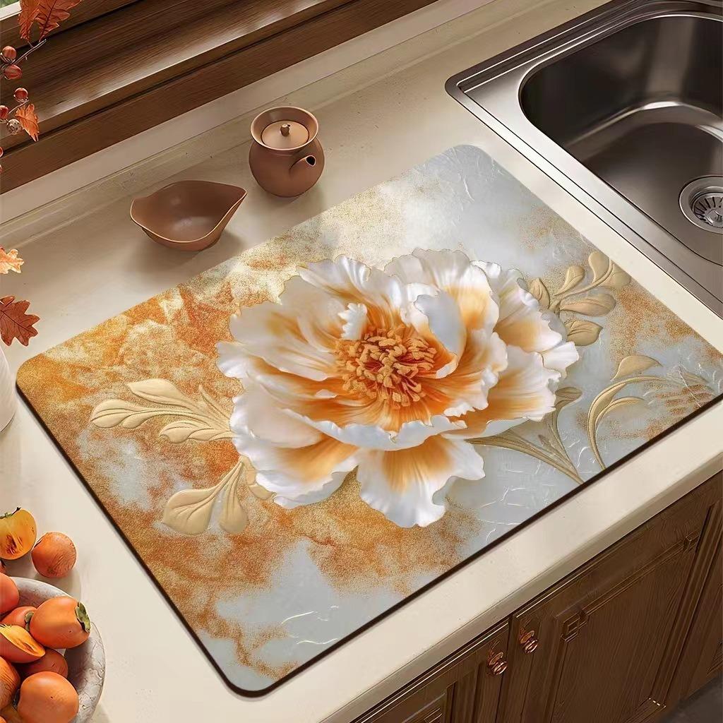Flower Printed Drain Pad Rectangular Coffee Machine Drying Mat Absorbent Drain Dish Pads Tableware Sink Rugs Placemat