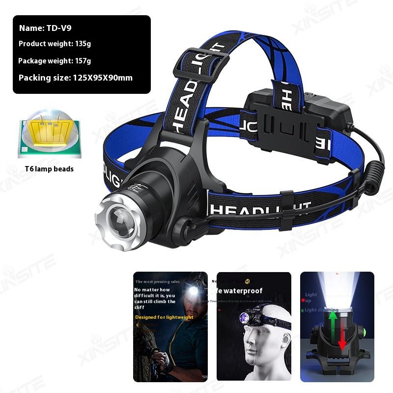 T6 Rechargeable LED Induction Headlight, Strong Light Long-distance Projection Head-mounted Retractable Zoom Headlight Outdoor Fishing Headlight