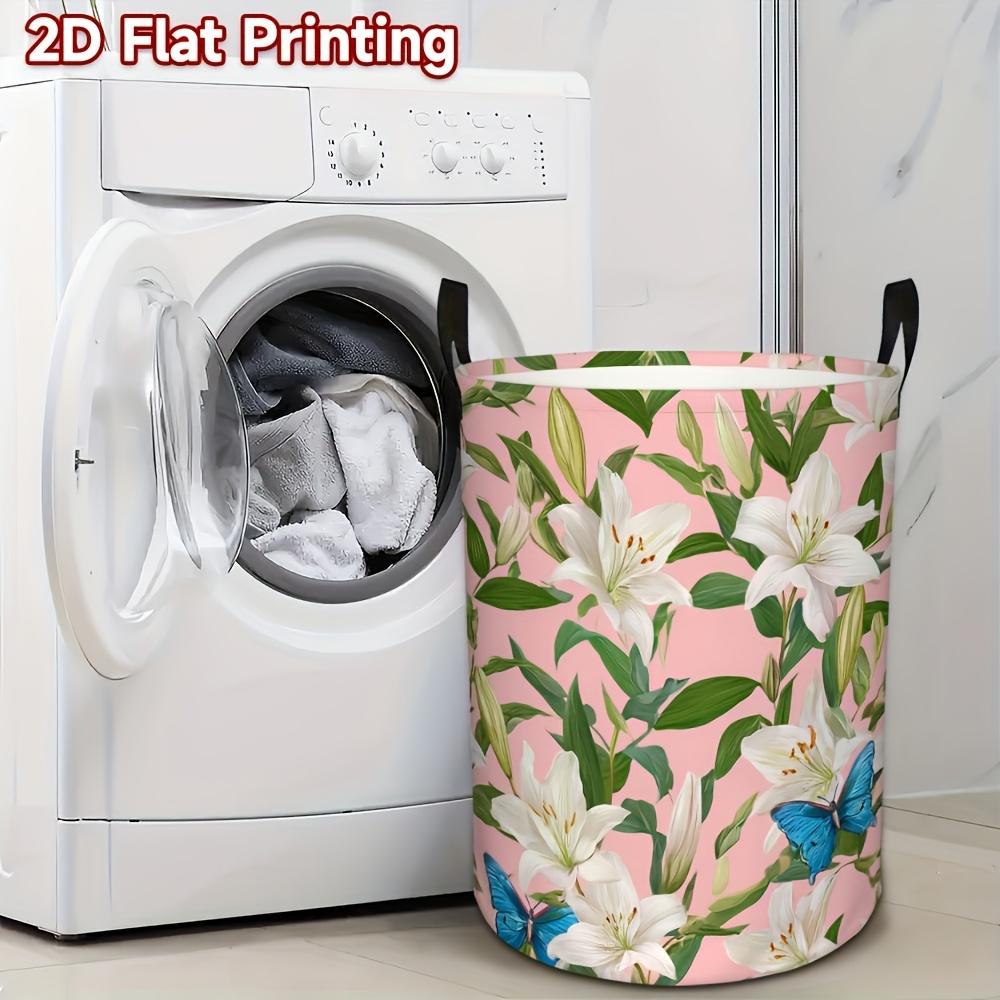 1pc, Collapsible Blue Butterflies Laundry Basket, Pink Lilies & Turquoise, Pastel Floral Clothes Hamper, Portable Organizer for Bed, Car, Camping, Li