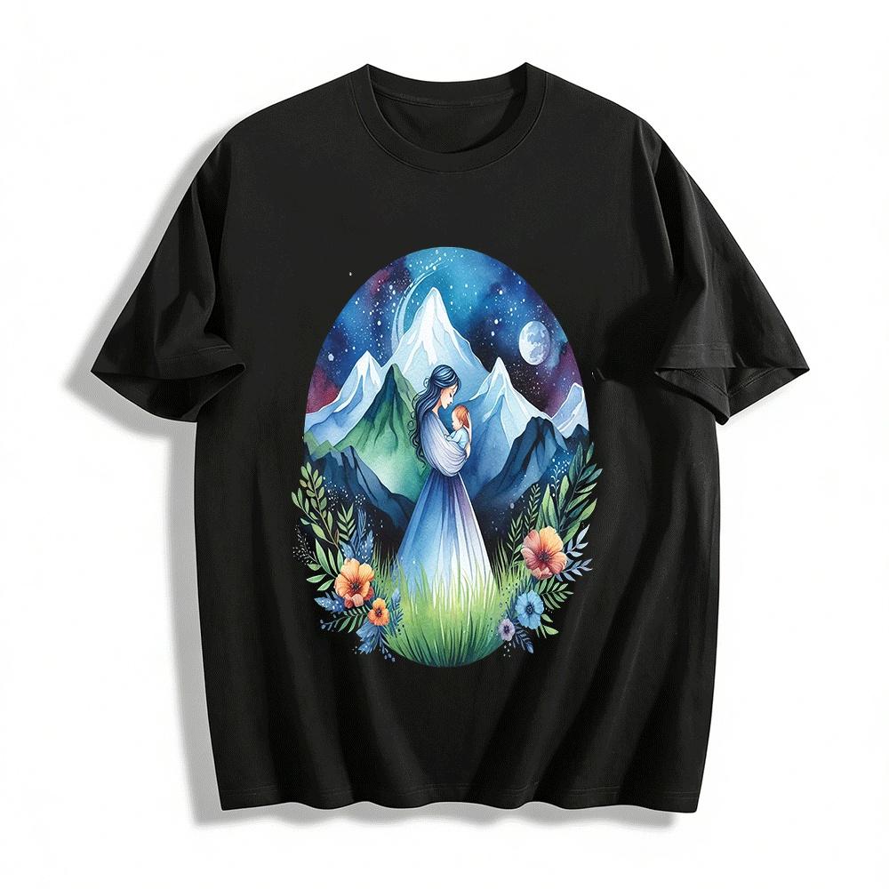 Moonlit Snow Mountain Mother And Baby Embrace Print Casual Top Pure cotton T-shirt XXS