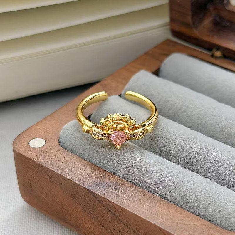 Medieval Vintage Pink Zircon Colored Treasure Open Ring Niche Light Luxury High Sense Stacked With Diamond Rings Woman