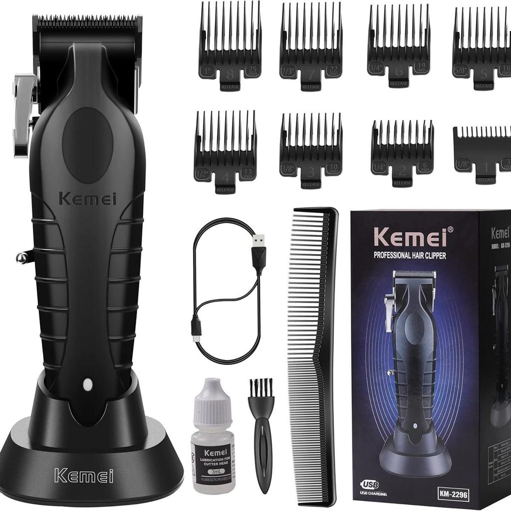 Kemei KM-2296 Electric Hair Clipper with Base, USB, Oil Head Engraving, Professional Barber Trimmer