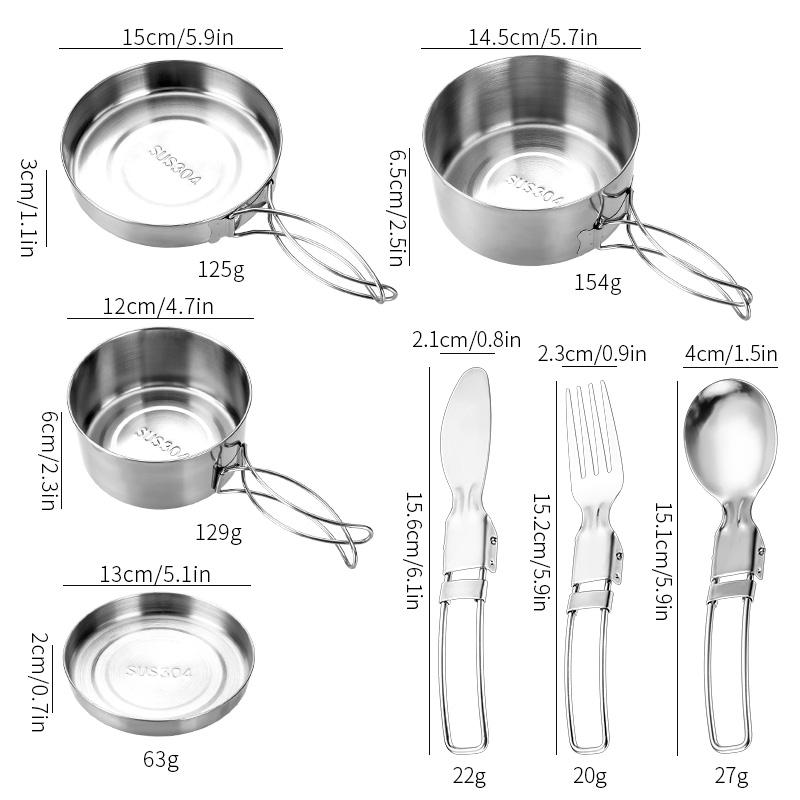Kingpool Modern Portable Reusable Stainless Steel Outdoor Gear Cooking Pots Pans with Pot Cover Mess Kit Camping Cookware Set