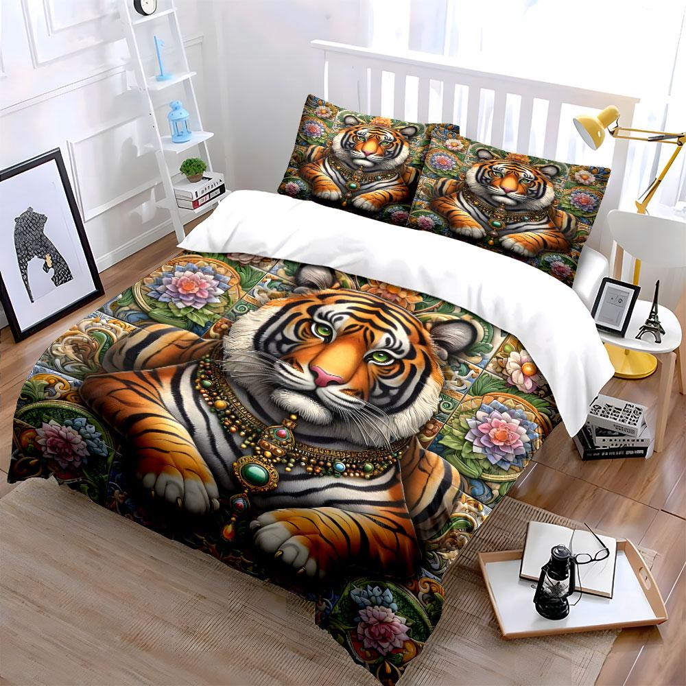 Tiger with jeweled necklace. Bedding sets Duvet cover sets Duvet covers Pillowcases(1 * Duvet Cover 2 * Pillowcases without duvet insert)