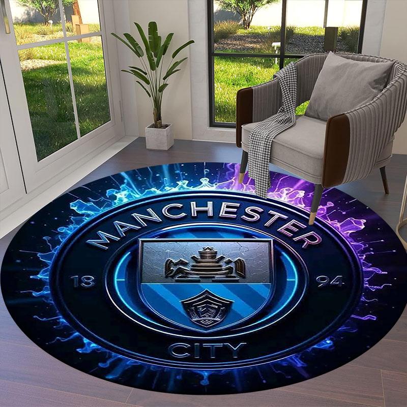 Manchester City F Round Area Rug,Carpet Rug for Living Room Bedroom Sofa Playroom Decor,Non-slip Floor Mat