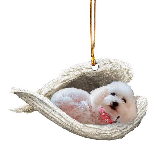 Dog Sleeping In Angel Wings Ornament 2D Flat Car Rear View Mirror Hanging Charm Pet Memorial Keepsake for Christmas Tree Car Interior Accessories