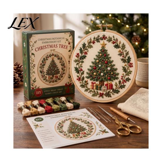 Holiday Theme Embroidery Projects Christmas Kit for Beginners, Pre-Printed Pattern Full Set Art And Craft Kits Adults of Tools, DIY Needlework Festive