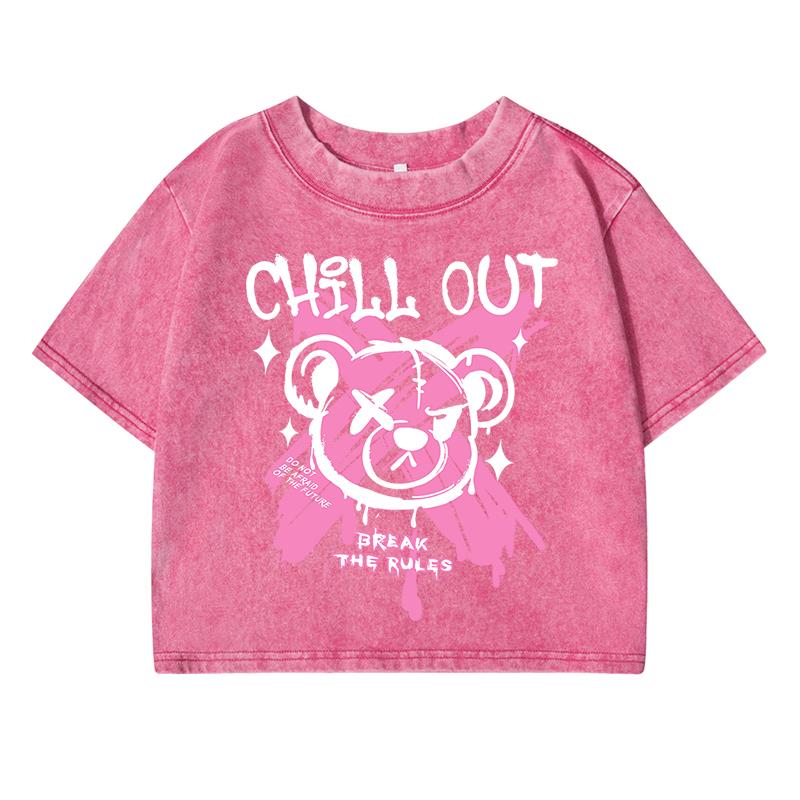 

Chill Out Bear Printing Women Wash Short T Shirt Summer Breathable Tshirt Street Fashion Retro Distress Tops Female M
