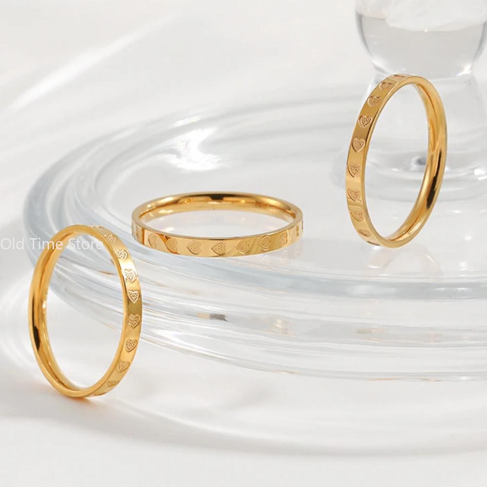 Golden Stainless Steel 2mm Heart Rings Women Size 5/6/7/8/9/10# Thin Finger Ring Wedding Band Engagement Jewelry Girlfriend Gift