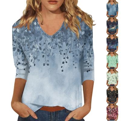 Women's Tops Three-quarter Sleeve Shirt V-neck Loose Casual Shirt Floral Print T-shirt