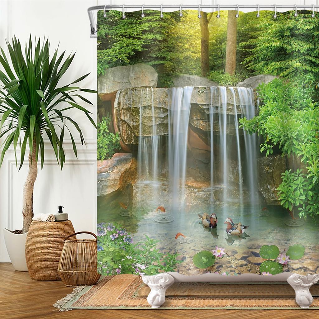 Venkovská krajina Sprchové závěsy Potok Kámen Lotos Buddha Koupelnový závěs Přírodní scenérie Vodotěsná Koupelna Domácí dekorace s háčky