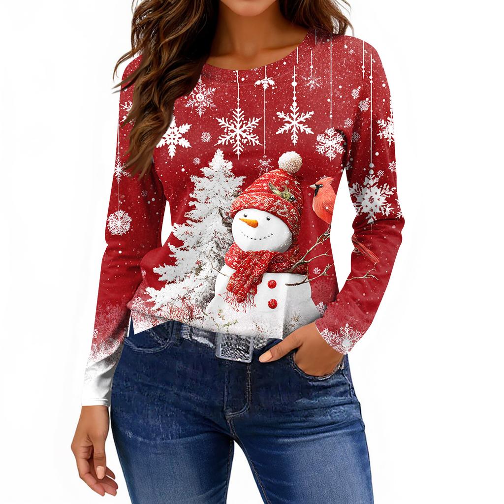 Women's Fashion Casual Slit Hem Round Neck Long Sleeve Loose Printed T-Shirt Ladies Top