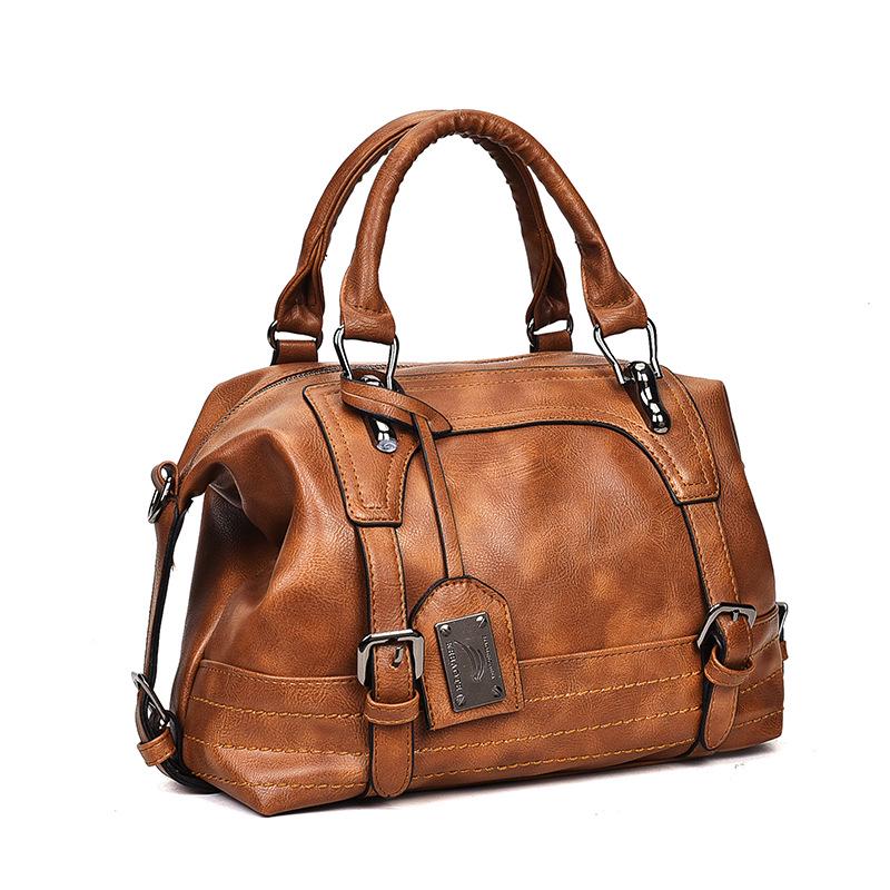 Retro Oil Wax Leather Boston Handbag, Large Capacity Shoulder & Crossbody Women's Bag