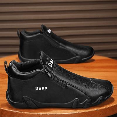 Side Zippers Men Shoes Fashion Breathable Flat Shoe High-top Leather Casual Shoes Solid Color Outdoor Walking Shoe Sneakers Male