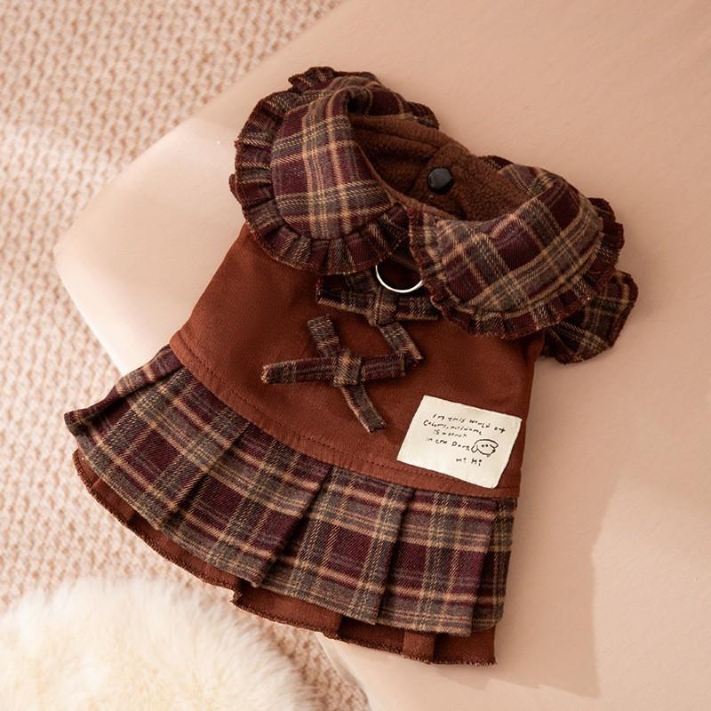 Autumn and winter Korean Maillard plaid couple's clothing small dog Bichon two-legged pleated skirt top pet dog dog clothes