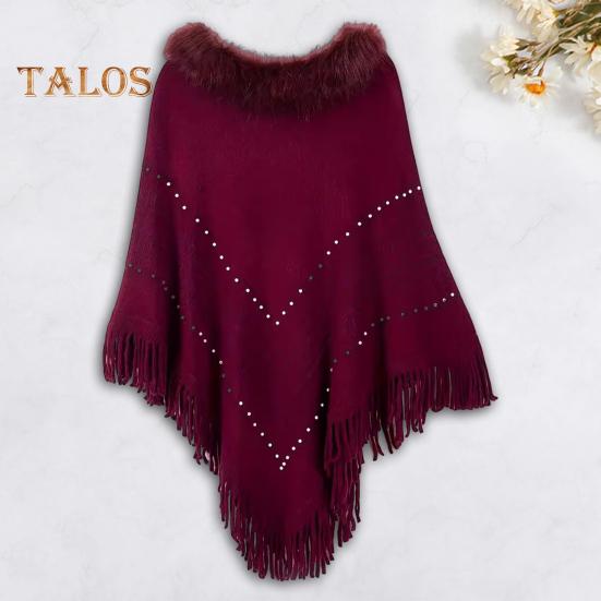 Women Fall Winter Cloak Tassel Bead Decor Faux Fur Decor Triangle Shape Solid Color Knitted Keep Warm Elastic Poncho Shrug Bohemian Style Cable Wrap