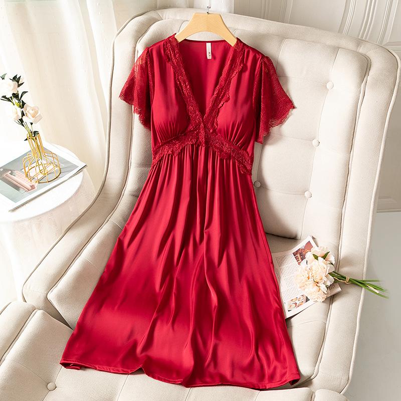 Nightgown Women's Summer Ice Silk Thin Short-sleeved Pajamas New Princess Style Can Be Worn Outside