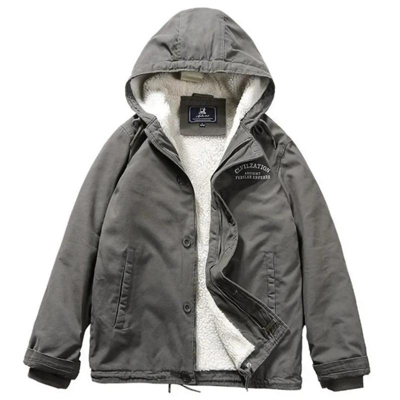 Men's Lamb Wool Retro Workwear Hooded Fleece-lined and Thickened Cotton-padded Jacket Coat in Autumn and Winter 2025.
