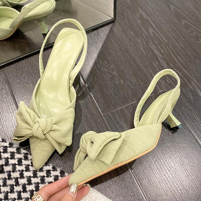 Fashion Butterfly -Knot Women Mules Low Thin Heels Slingback Sandals Summer Pointed Toe Slip On Ladies Dress Pumps Shoes