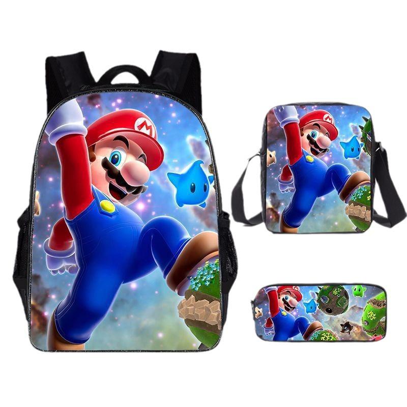 Set Zaino Cartone Animato Mario 3-in-1 Zaino per Studente per Laptop Borsa a Spalla Astuccio Zaino Scolastico per Bambini