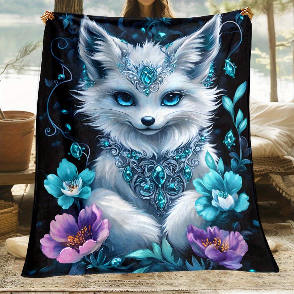 1pc Blue Fox Jewelry Fantasy Animal Fleece Blanket Mythical Creature Art Soft Throw for Fantasy Lovers 75x100cm