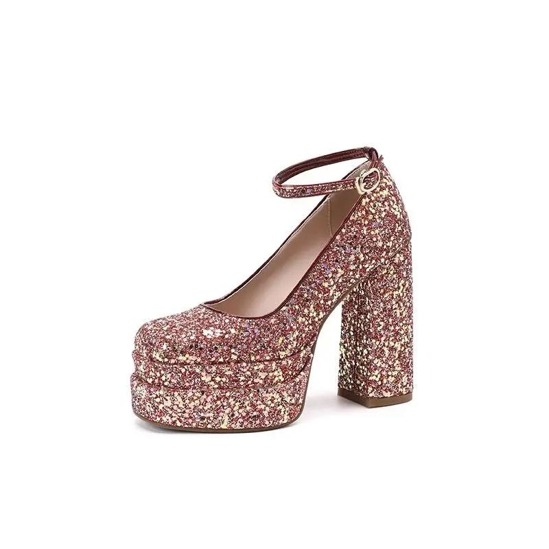 Glitter Sequins Sparkle Golden Silver Closed Toe Women Pumps for Wedding Party Block High Heels Platform Stilettoes